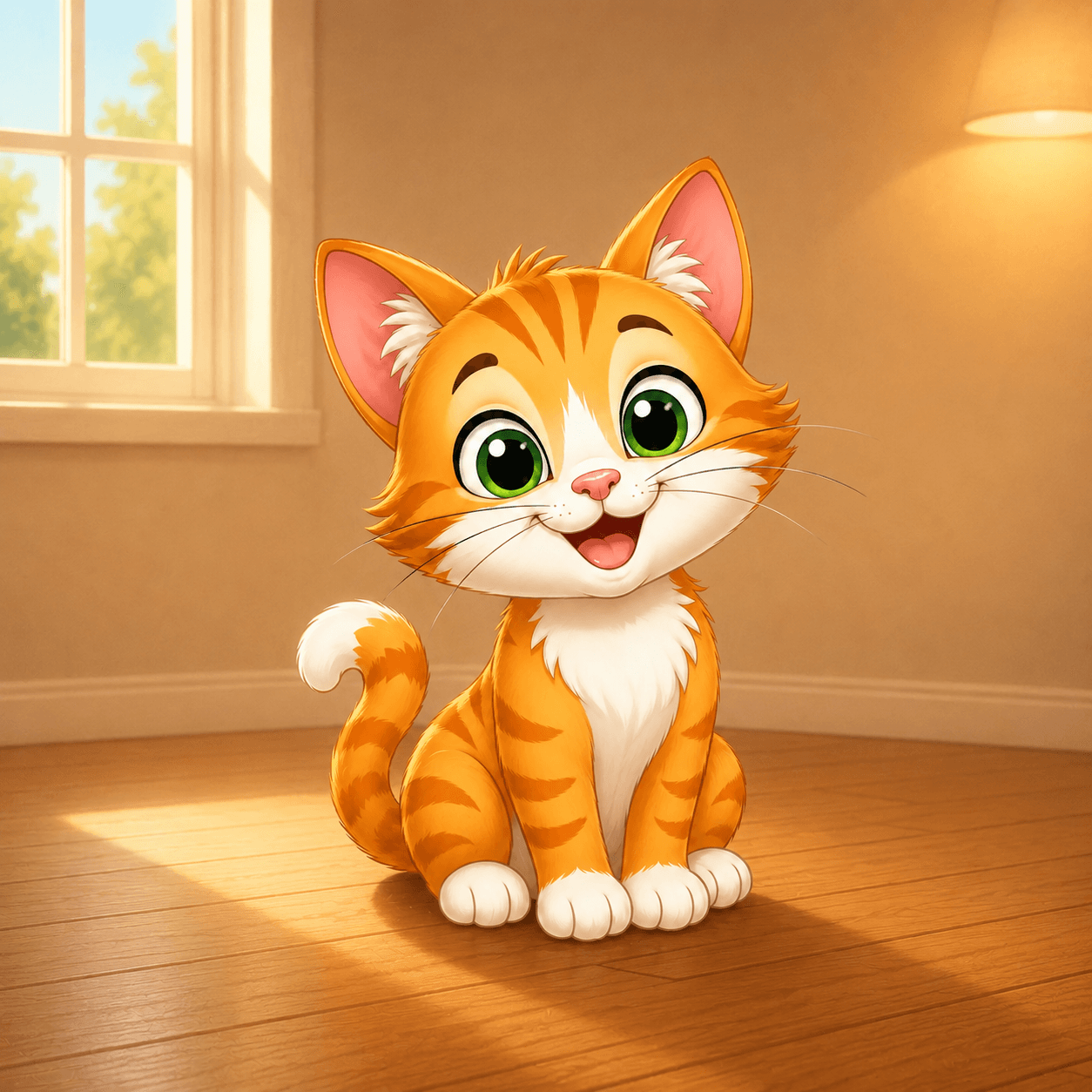 Second try: a fluffy orange cat on a wooden floor
