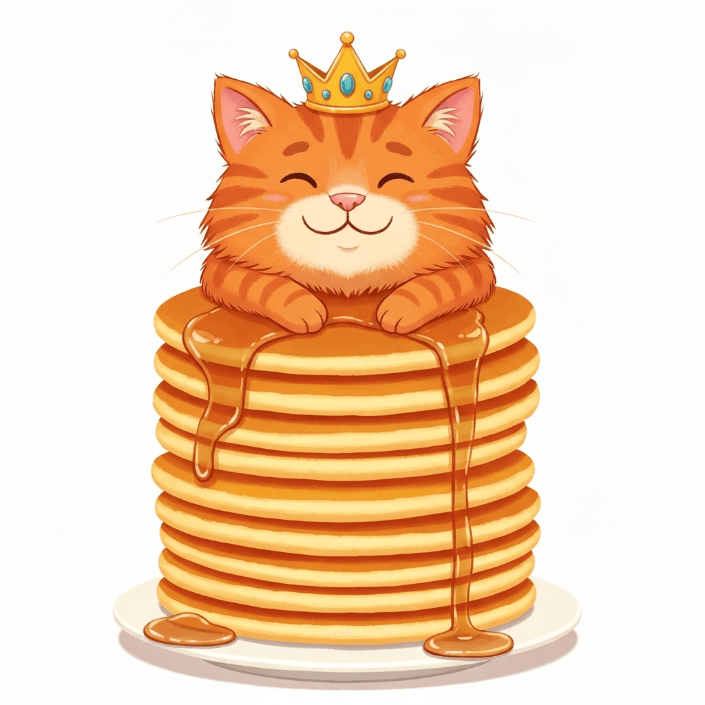 Third try: an orange cat wearing a crown sitting on top of a stack of syrup-drenched pancakes